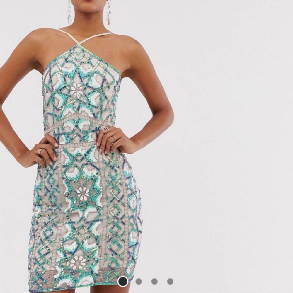 NWT ASOS DESIGN Beige Blue Sequin Tulle Embellished Mini Dress Sz 10 Tall